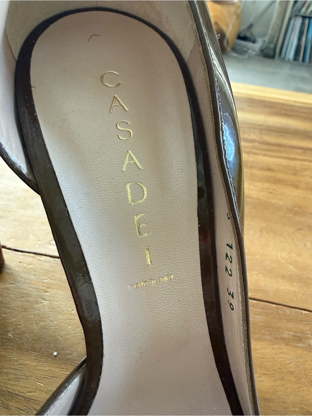 Casadei Never Worn Brown Patent Leather Peep-Toe Wedge Heels - Picture 3 of 8